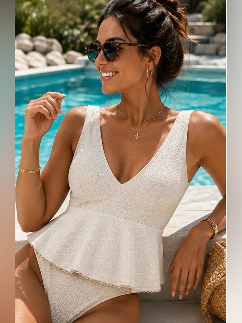 Women’s White Textured Peplum One Piece Swimsuit Deep V Neck Ruffle Bathing Suit